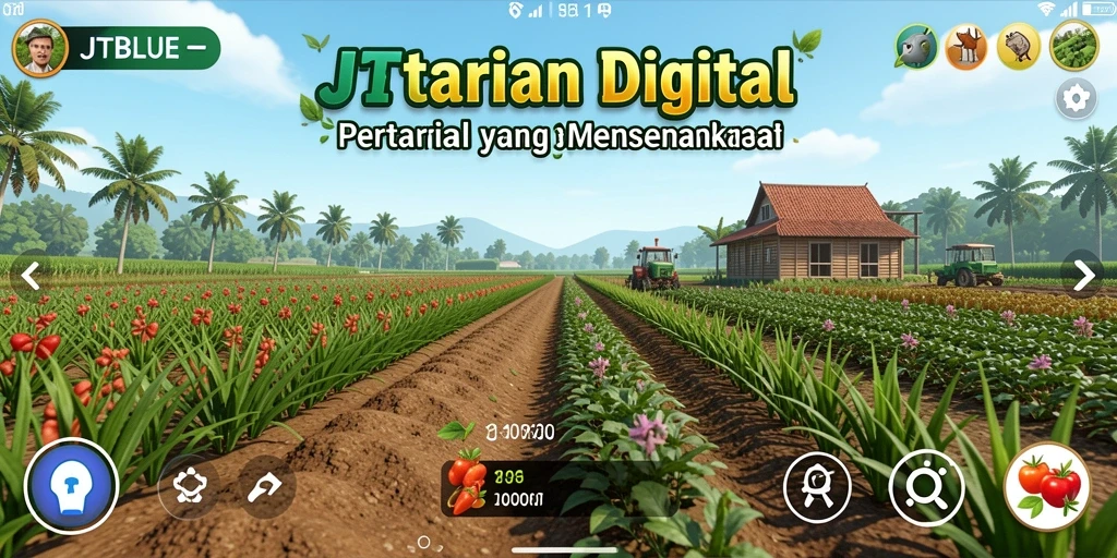 Tampilan gameplay JTBLUE yang menggambarkan suasana pertanian yang indah.