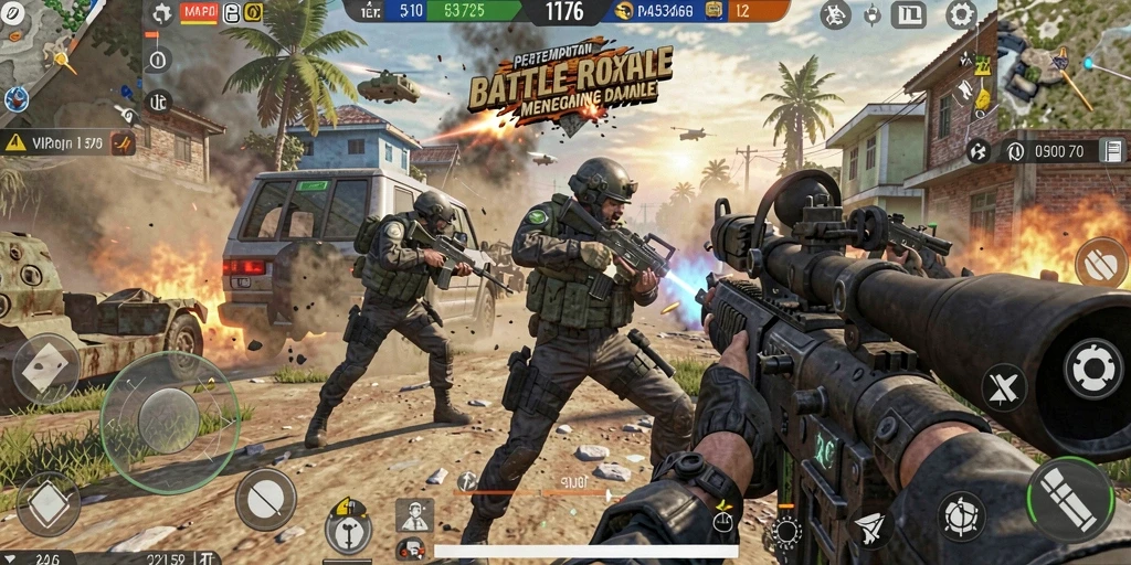 Menampilkan gameplay seru dalam pertempuran Battle Royale.