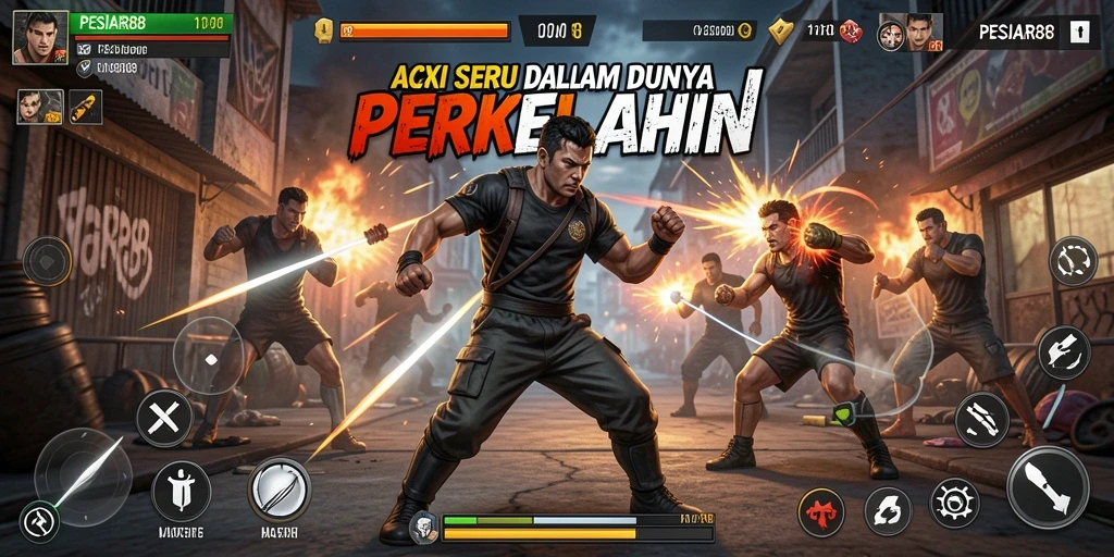 Screenshot PESIAR88 menampilkan pertarungan seru dengan efek visual menarik.