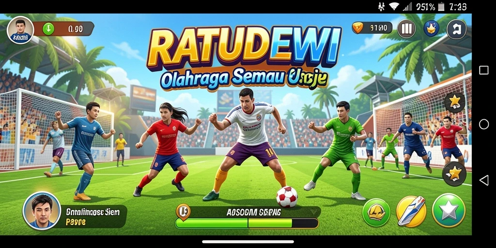 Screenshot permainan RATUDEWI menampilkan aksi olahraga yang dinamis.